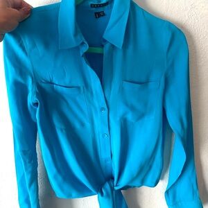 THEORY turquoise blue silk button up blouse with tie front